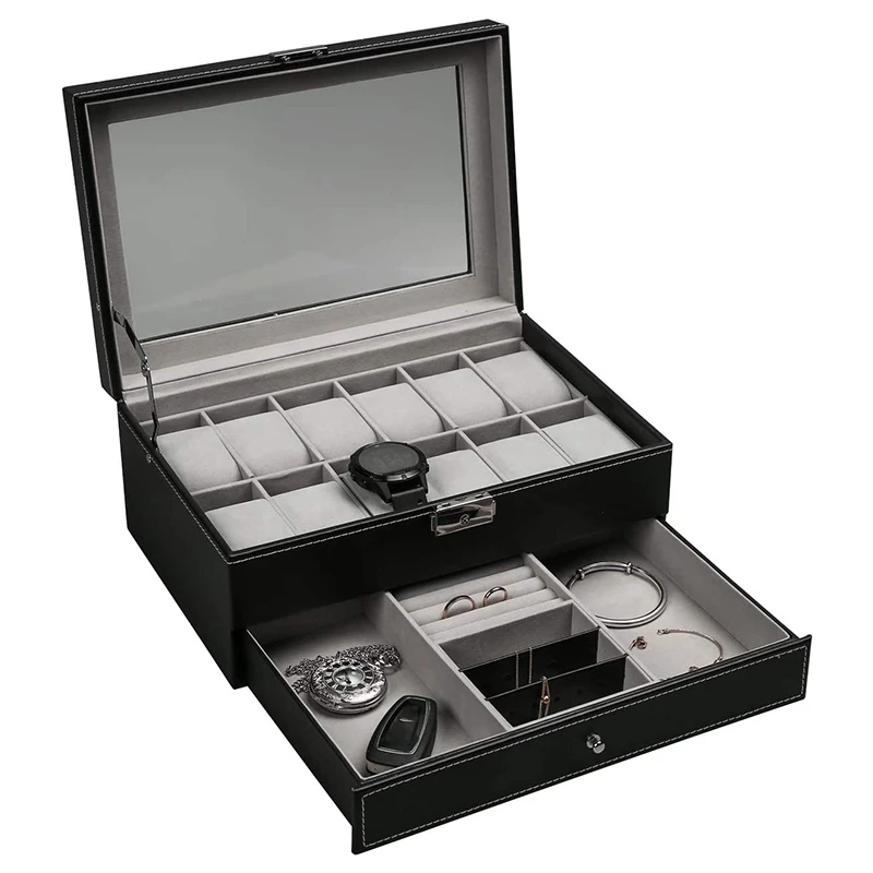 ELBA_12 Slot Lockable Watch Storage Boxes Jewelry Display Drawer Case 2-Tier Organizer Watch Showcase with Glass Lid