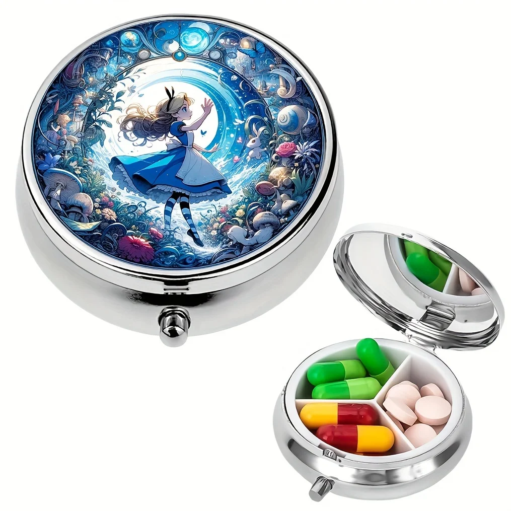 1Pc Fairy Tale World Round Pill Box,3 Grid Mini Decorative Pocket Tote Bag Portable Travel Pills Vitamin Rack Tissue Pill Box