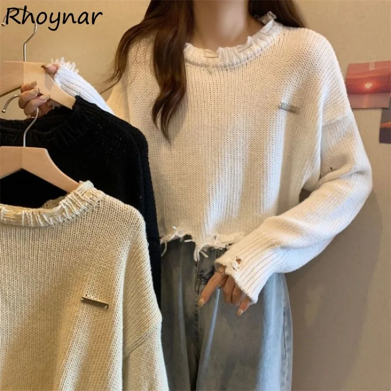 

Long Sleeve Pullovers Women Autumn Students Hollow Out Fur-lined Loose Knitted Soft Korean Style Streetwear Lazy Crop Tops Chic