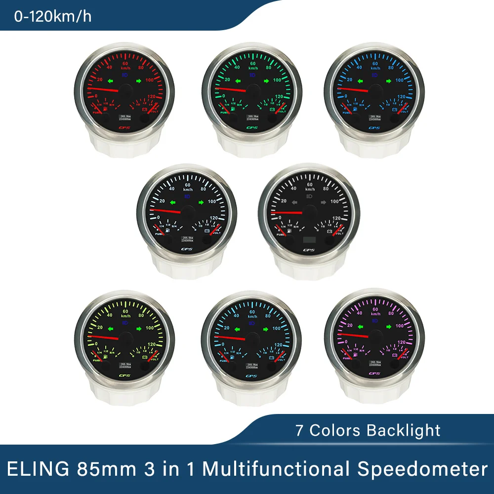 

ELING 85mm 3in1 Multifunctional 0-120 0-200 KM MPH GPS Speedometer Odometer with Fuel Level Voltmeter 7 Colors Backlight for Car