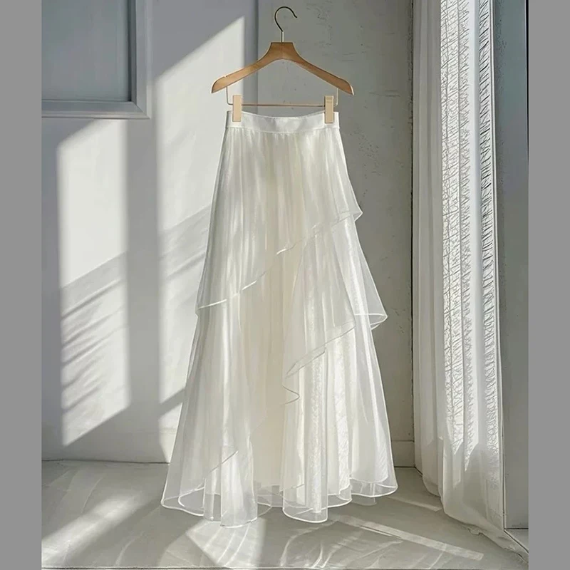 French style high-end white mesh skirt women in spring 2025 unique and super fairy beautiful temperament A-line long skirt