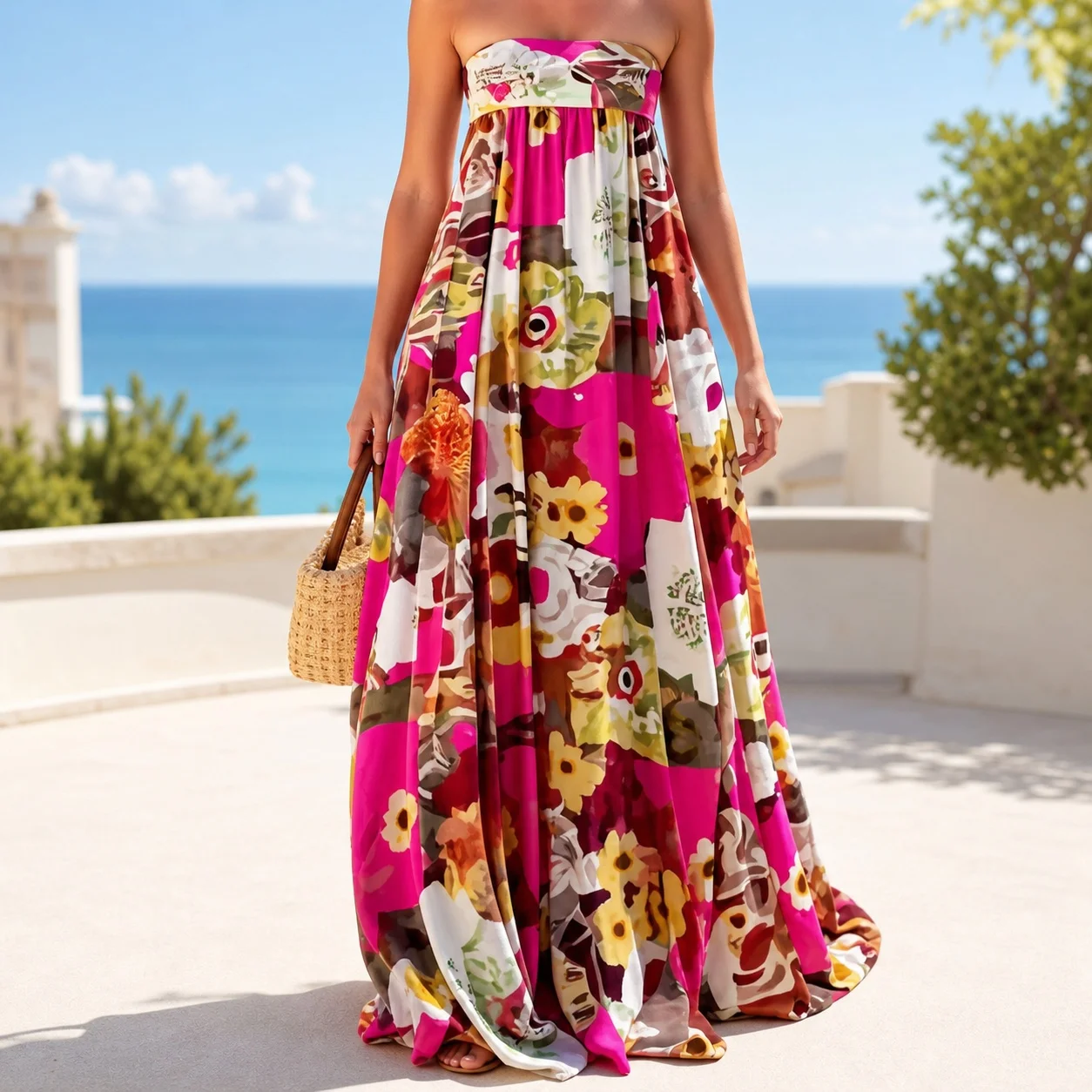 Women's Summer Sleeveless Floral Print Loose Fit Midi Dress High Waist Pullover Beach Dress for Women Casual Wear Flowy Chiffon