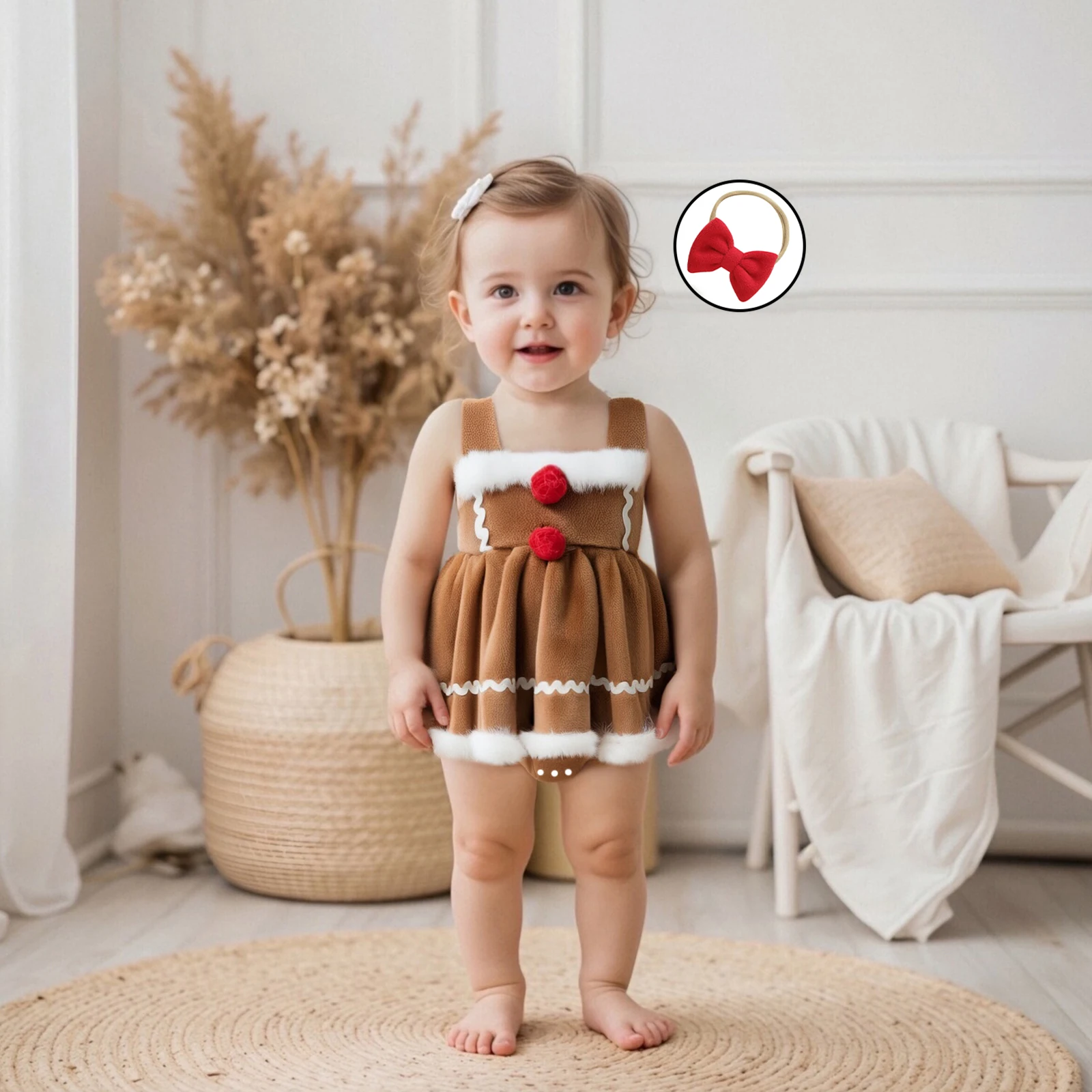 طفلة عيد الميلاد الزي طويلة الأكمام ساحة طوق الزنجبيل رجل رومبير فستان القوس عقال 2 قطعة مجموعة #6