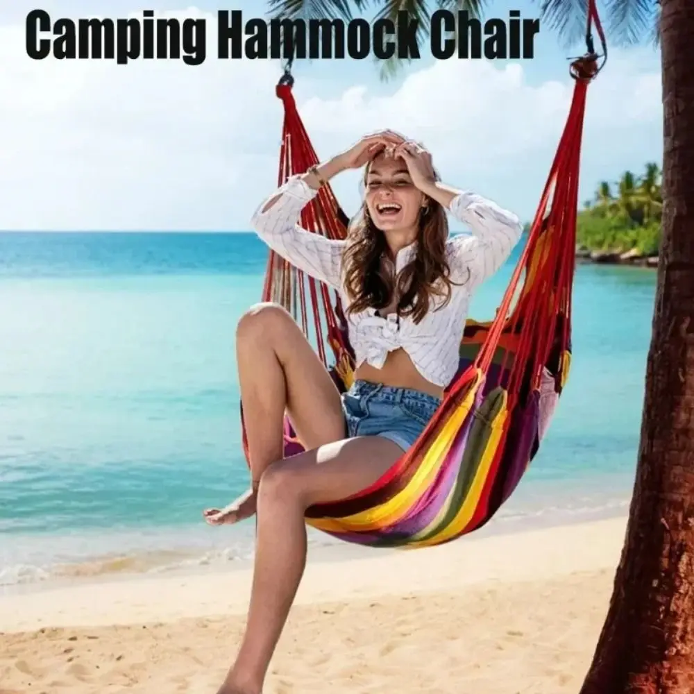 

Comfortable Dormitory Hammock Chair Thicken Colorful Stripe Outdoor Hanging Chair with Storage Bag Soft Garden Swing Chair