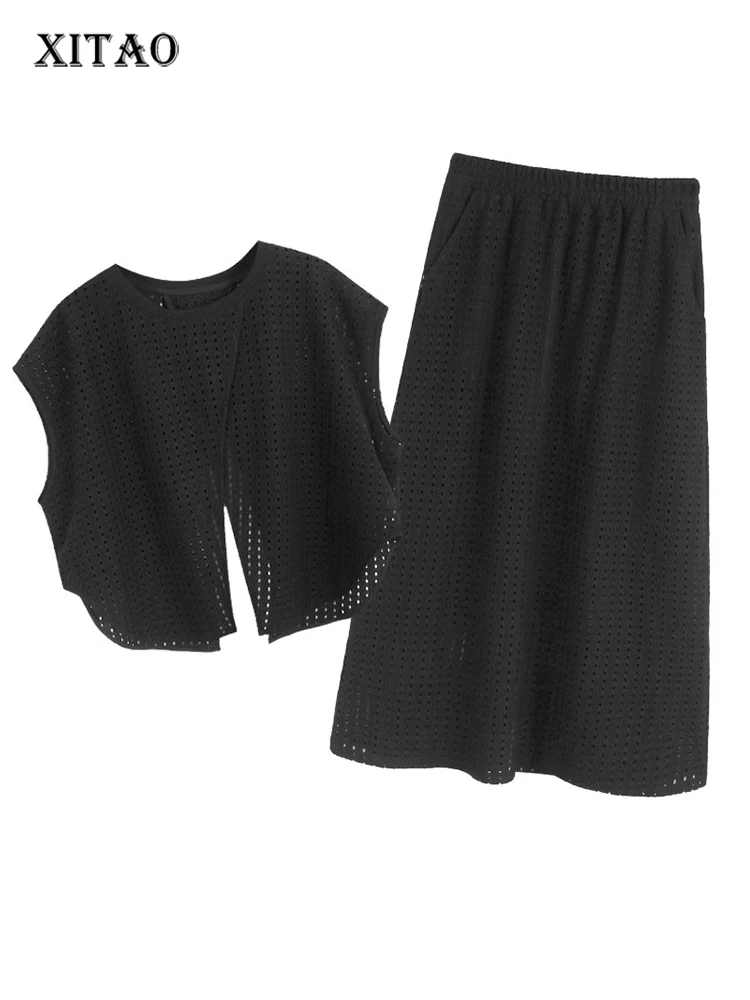 

XITAO женские комплекты с асимметричным круглым вырезом, свободный однотонный топ, женская простая повседневная юбка трапециевидной формы с эластичной резинкой на талии HOO GYX1649