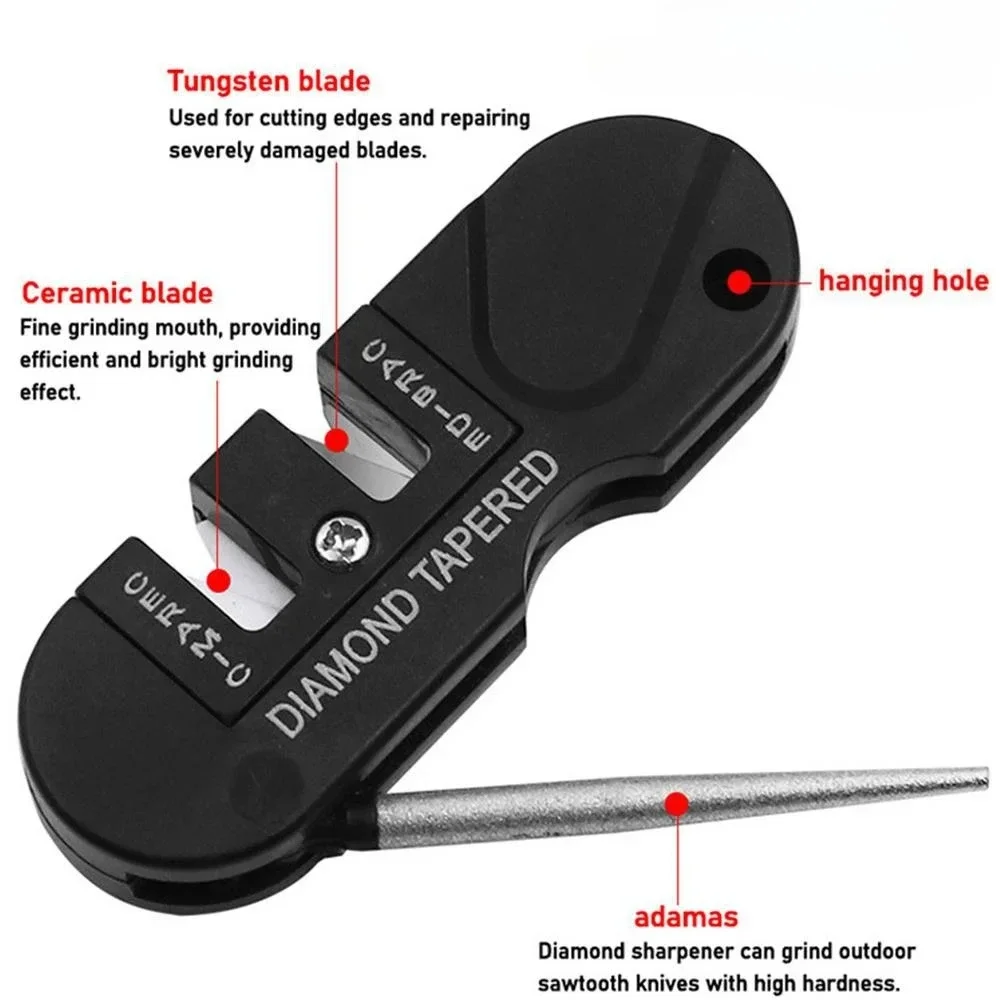 

4-in-1 portable knife sharpening tool. Multi-functional outdoor portable tungsten steel knife sharpener. Knife sharpening rod.