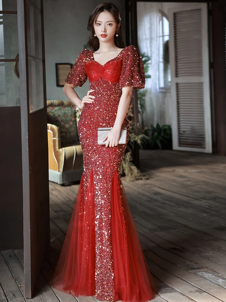 

Wedding Gown Evening Dr Engagement Red Bridal Sparkling Fi Tail Women's Host Skirt ort Sve Long Skirt Wedding Dr