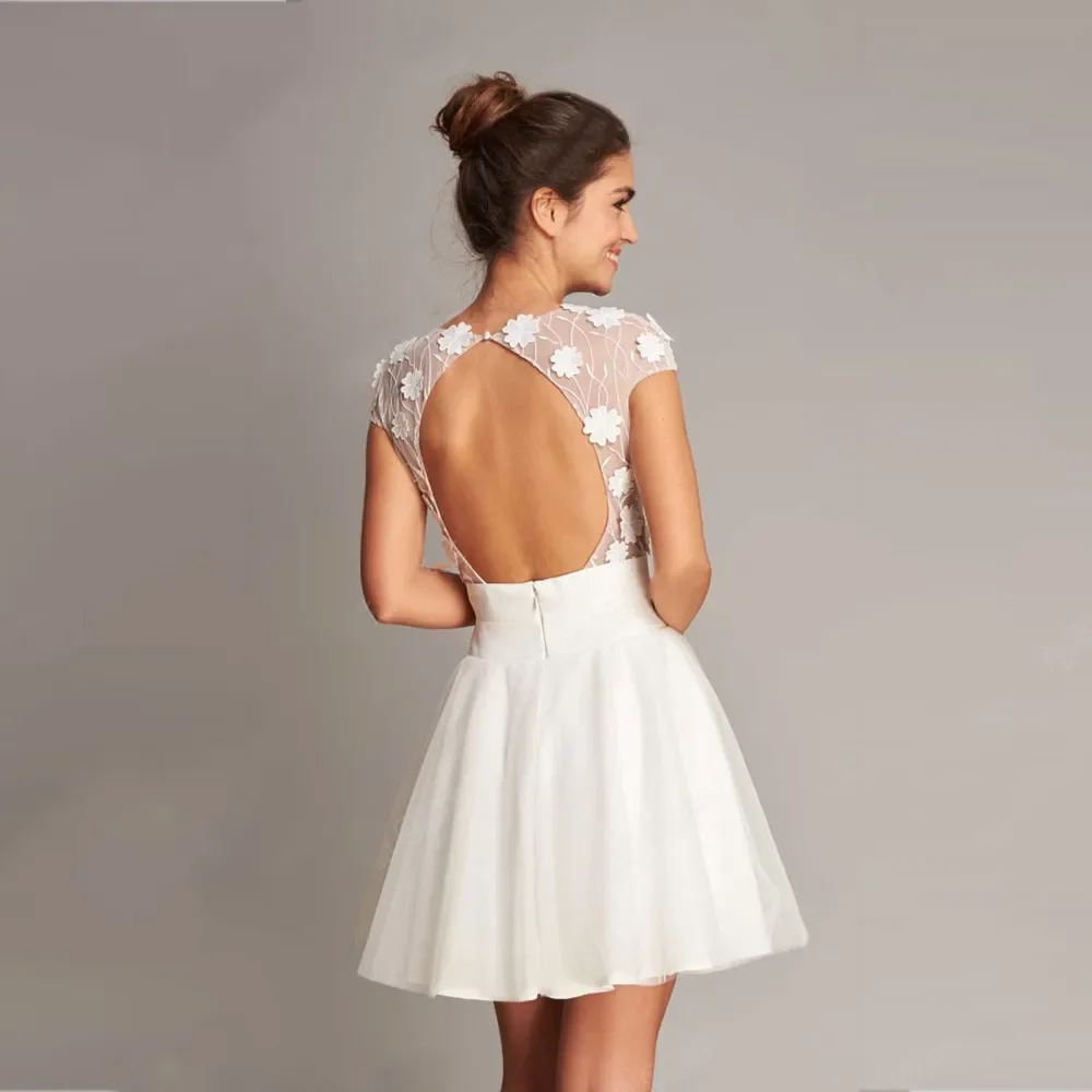 Mini Vestidos De Novia cortos De princesa sin espalda, falda romántica De flores, cuello redondo, manga De casquillo, Vestidos De fiesta De Novia Sexy