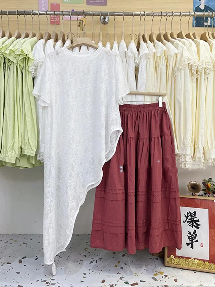 White Irregular Lace Short Sleeve T-Shirt Women's Summer Mid-Length Outerwear Thin Veil Air Conditioning Cover up Long Skirt
