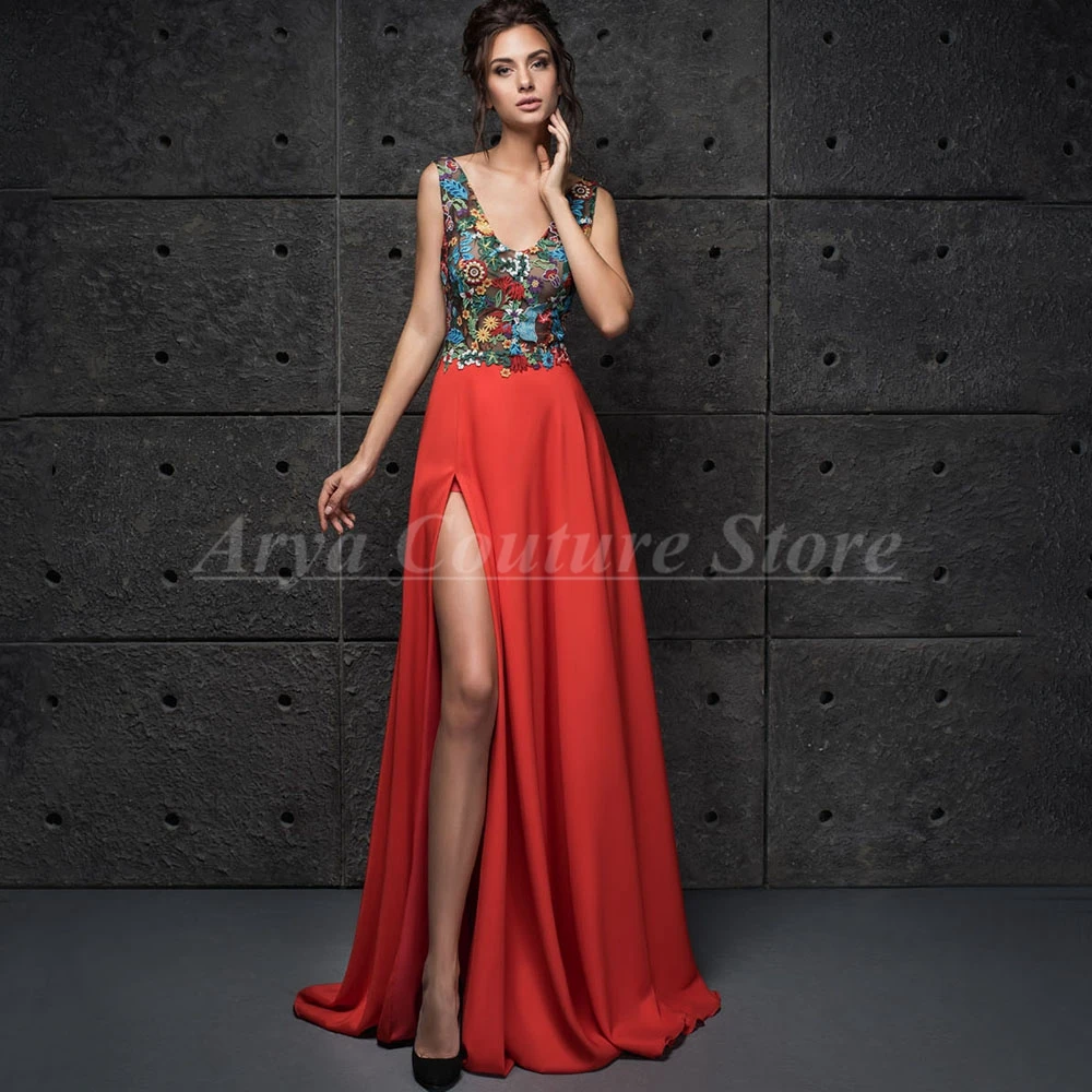 Classic Red V-Neck Embroidered Evening Dress Sexy Side Slit Sleeveless Exquisite Backless Women\'s Party Vestidos De Noche