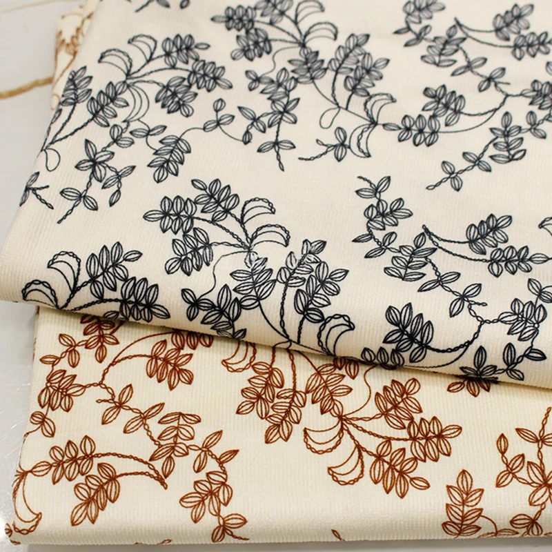 145x90cm Ribbed Corduroy Fabric Vine Line Printing Retro Style DIY Handmade Making Strap Skirt,Jacket,Sofa Cover, Pillowcase