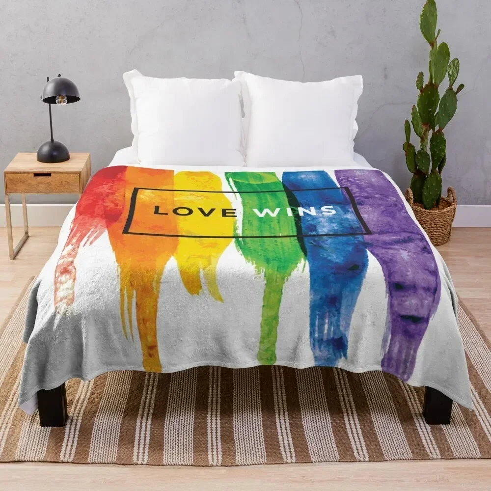

Watercolor LGBT Love Wins Rainbow Paint Typographic Throw Blanket Fluffy Cozy Throw Blanket for Home Decor