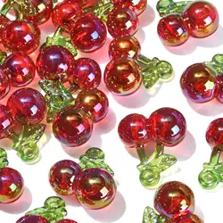 20Pcs Red Cherry Charms with Green Leaf 3D Fruit Food Charms Acrylic Cherry Charms for DIY Jewelry Making Earrings Necklace