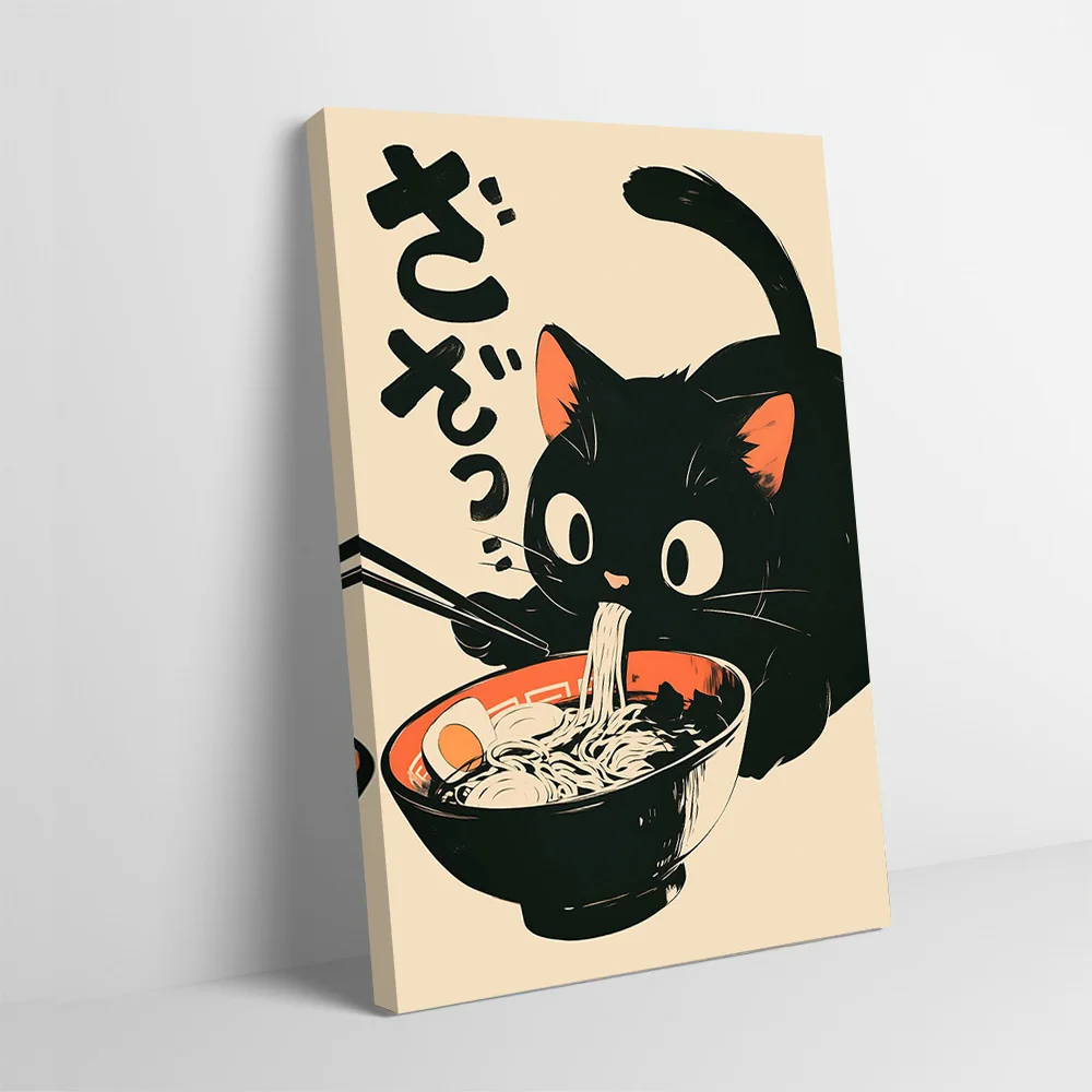 Póster de Ramen de gato japonés, lienzo impreso personalizable, pintura, arte de pared, regalo para decoración de dormitorio, decoración del hogar y el baño, Mural de habitación