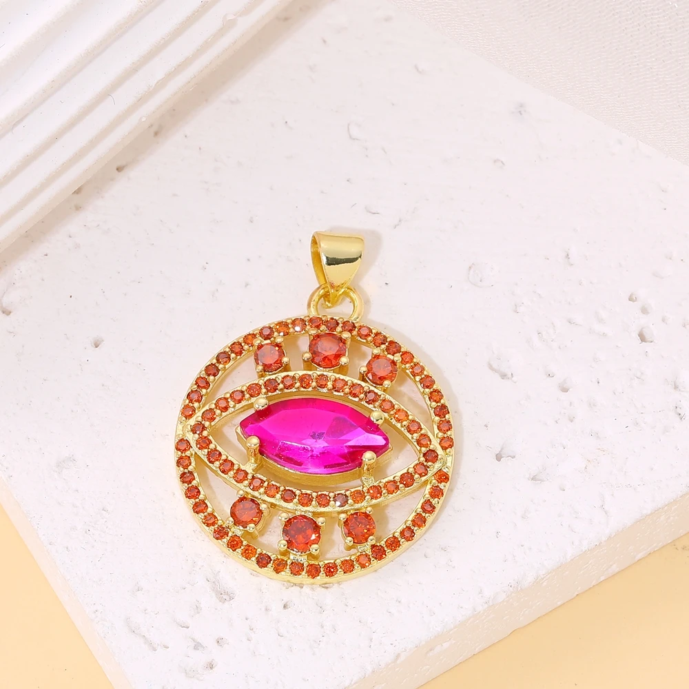Juya 18K vergoldete Luxus-Anhänger mit Regenbogen-Zirkonia, Stern, Libelle, Baum des Lebens, Biene, Liebesherz, rundem griechischem Bösen-Auge-Charm – Detail 27