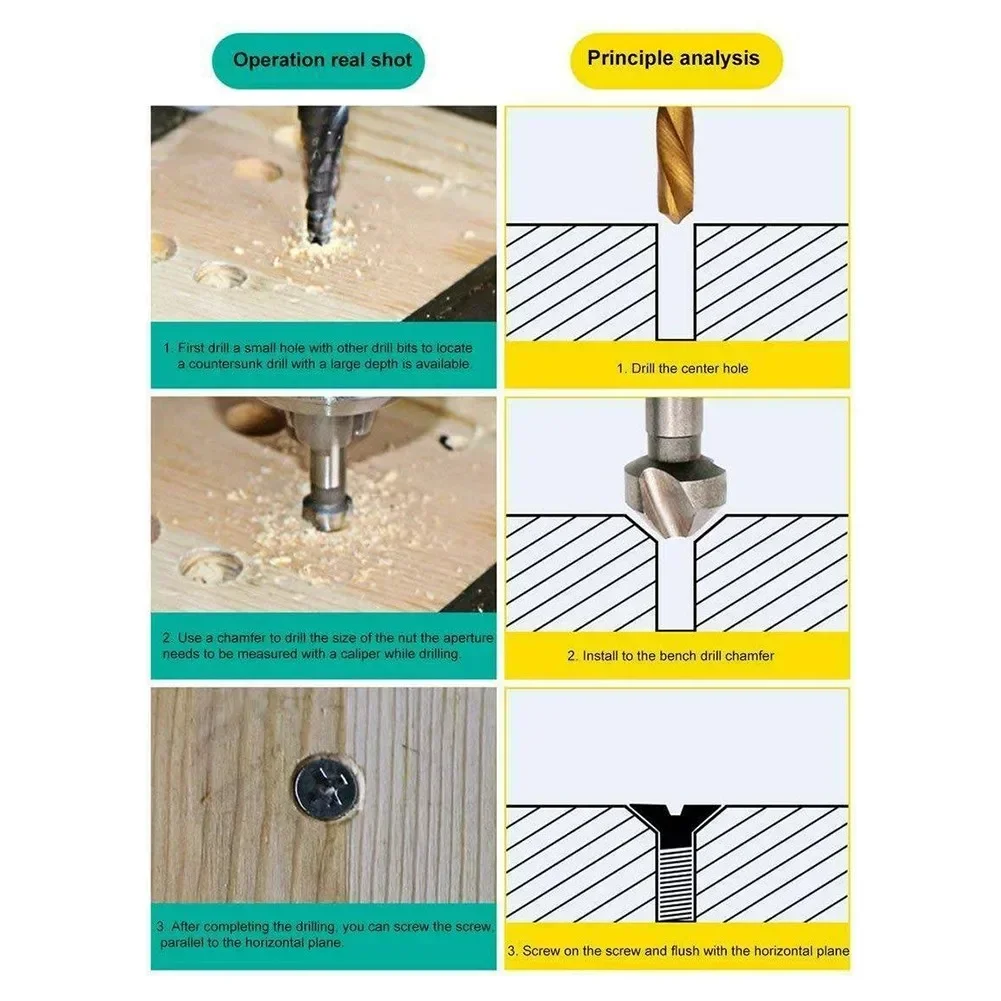 

6* Countersink Drill Bit 90 Degree Chamfering HSS 3 Flutes 6 Pcs/set 6.3mm-20.5mm Kit Rustproof Tool Practical