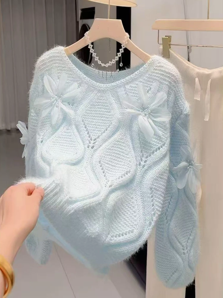 Süßer SLE-Strickpullover mit 3D-Blumendesign für Damen, weich, gemütlich, V-Ne Long Sve Winter, Neuankömmling, lässig, Faion