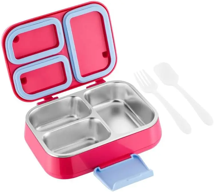 Lonchera Bento a prueba de fugas de acero inoxidable para niños, lonchera Bento a prueba de fugas de doble capa con 3 compartimentos