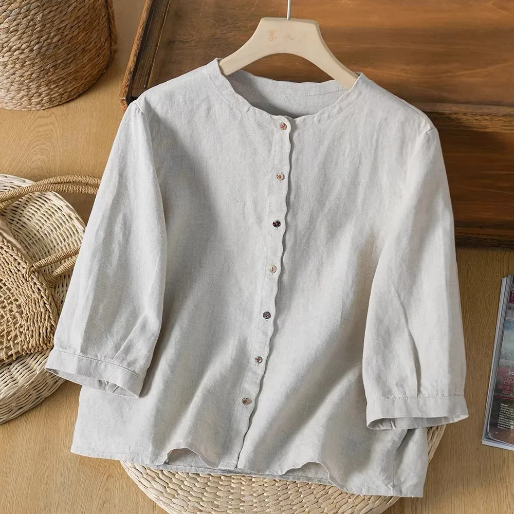 

plus Size Women's irt Vintage Cotton Linen Seven Sve Tops Slimming Outerwear Spring Summer New Arrival Casual Commute Sle
