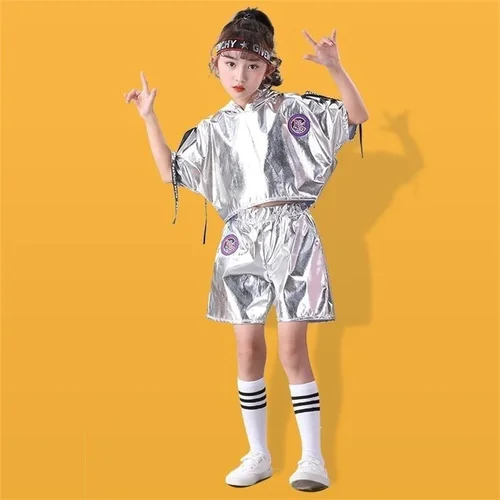 Imagen 2 del producto Ropa de actuación para niños, traje de baile, trajes Rave geniales, conjunto de Hip-hop a la moda para niños y niñas, traje de baile de Jazz de Color plateado