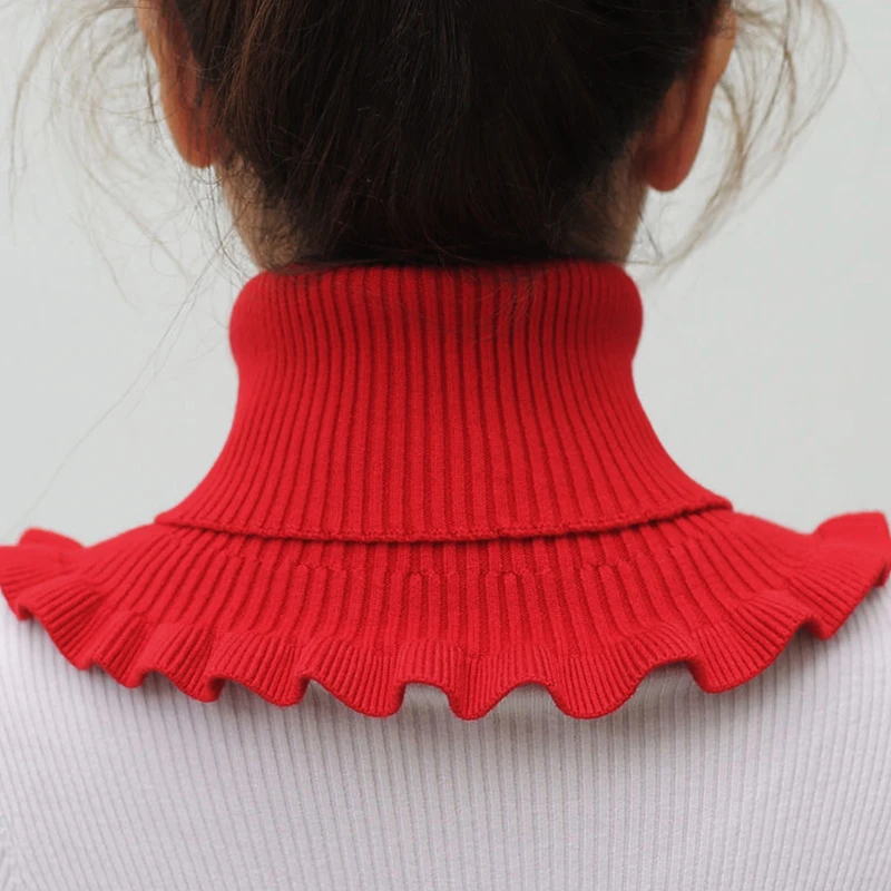 Bufanda de cuello falso de punto a prueba de viento para mujer, cuello alto desmontable, volantes, grueso, cálido, invierno, moda