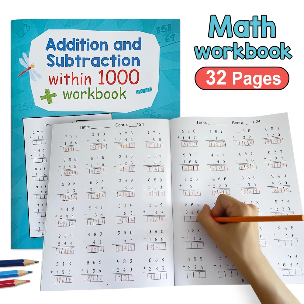 Three Digit Math Practice Worksheets for 2nd Graders, and 3rd Grade, Addition and Subtraction Calculation Training Within 1000