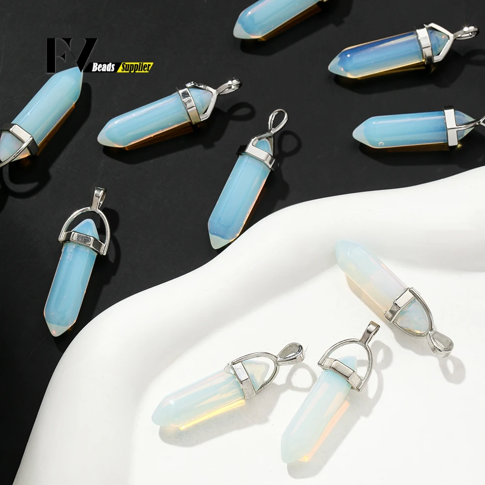 5pcs Natural Stone Pendant Beads Opalite Hexagonal Prism Pendant for Jewelry Making DIY Bracelet Necklace Accessories