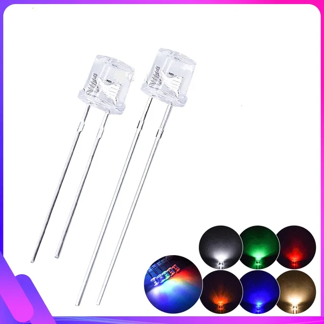 100PCS Płaska głowica LED Przezroczysta osłona Zielony Niebieski Ciepły Biały Wysoka Jasność F5 Czerwony Żółty Jakość Koralik Dioda elektroluminescencyjna 5MM DIP