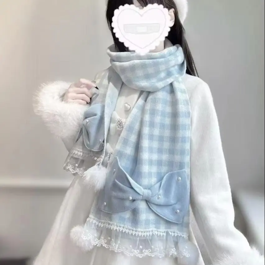 

Японский осенне-зимний милый бант с бисером, женские шарфы с цветными блоками, клетчатая вязаная шаль, оригинальный элегантный кружевной вязаный шарф в стиле Лолиты