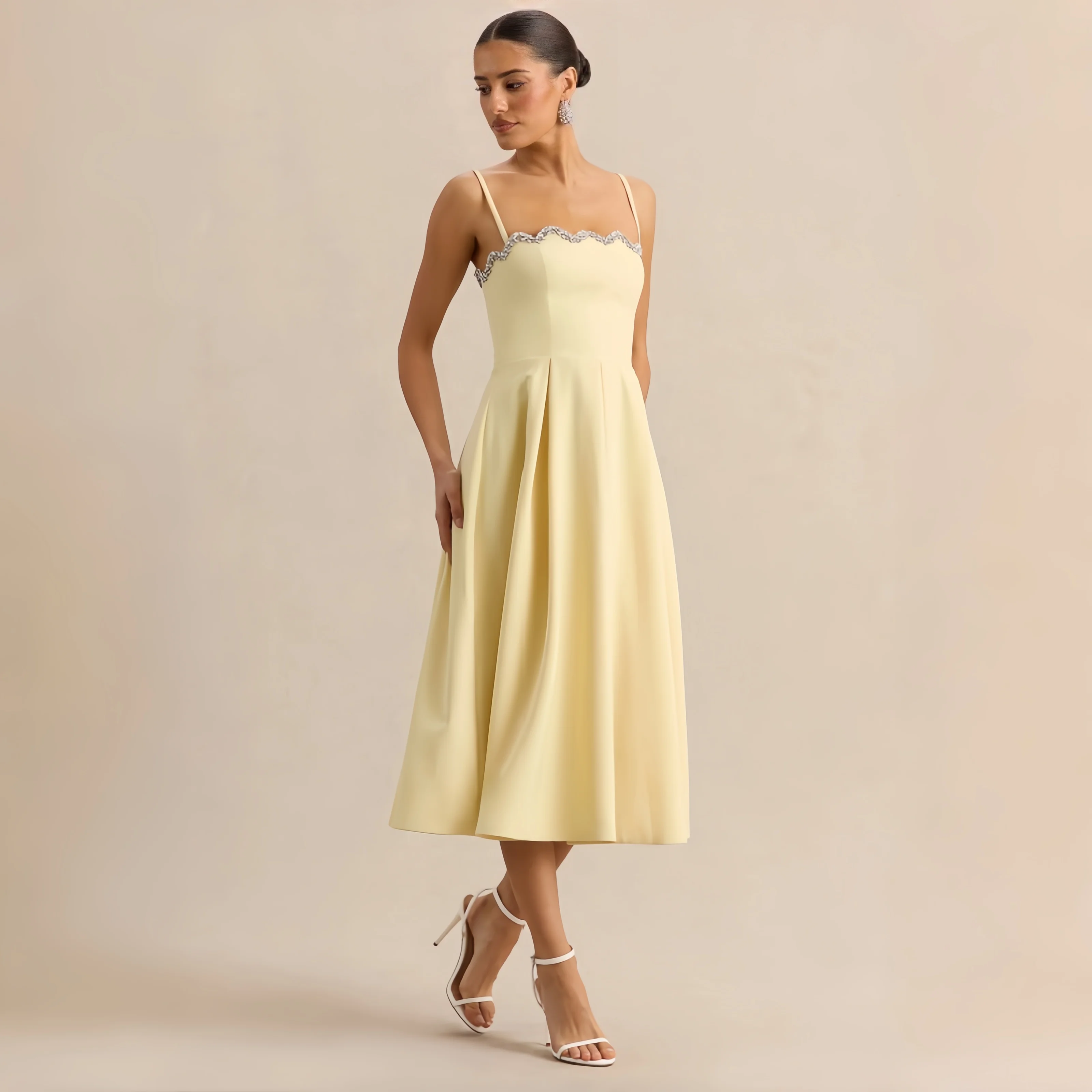Yellow Rhinestone Spaghetti Strap Midi Evening Dress Pleated A-Line Swing Open Back Zipper Tea Length Gown Luxury Smooth Satin