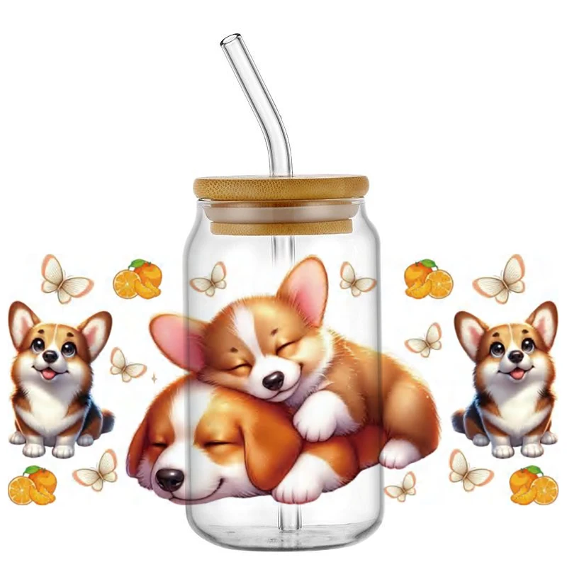 Cute Corgi Dog Decal UV DTF Cup Wrap for 16oz Libbey Glasses Washable DIY Cartoon Mug Trainer Sticker