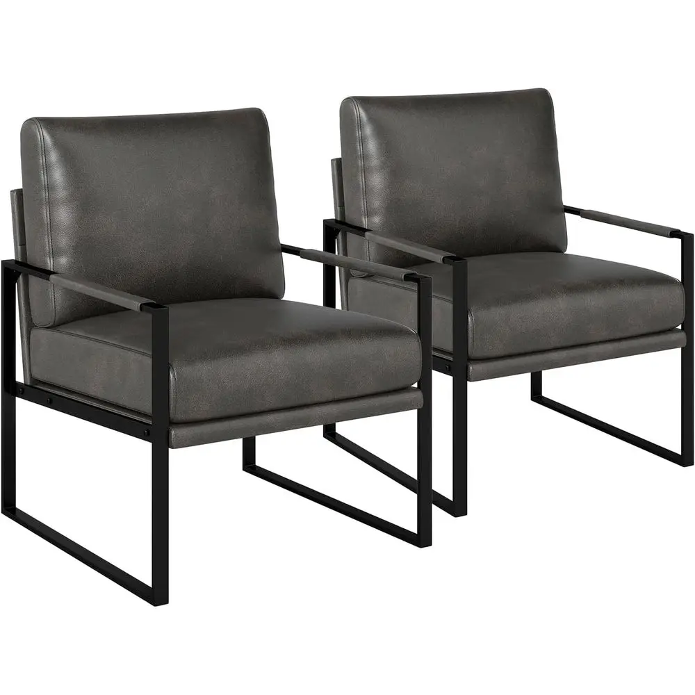 

Faux Leather Accent Chair Set of 2, Metal Framed Armchair with Extra Soft Removable Seat Cushion & Backrest for Living Room Bedr