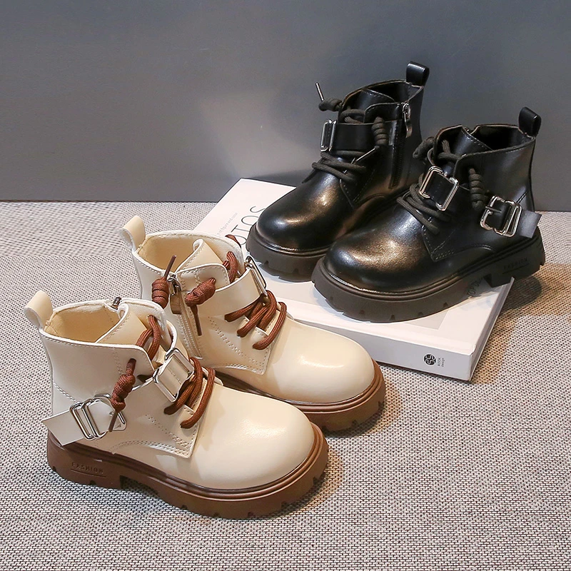 

Kids Short Boots British Style Children Ankle Boots Double Buckle Design Autumn New Boys Girls Leather Boots Versatile Soft Sole