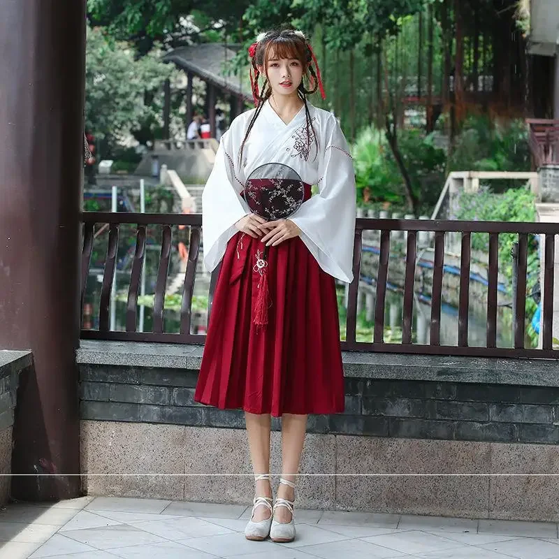 Japanese Dress Women Kimono Cardigan Girls Skirt Top Set Floral Embroidered Full Sleeve Yukata Haori Ancient Oriental 2Pcs Suit