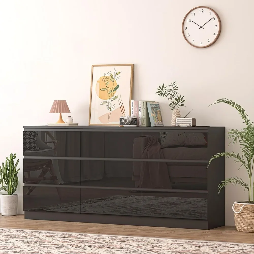 

70 INCH 9 Drawers Dresser with Power Outlet, Wide High Gloss Chest of Drawers Large, Modern Storage Drawer Dresser for Bedroom,