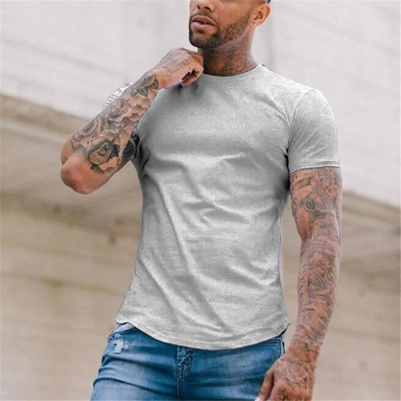 Solid Color Running Sport Short Sleeve T-shirts Gym Bodybuilding Workout Cotton Shirts Mens Slim Fit Fitness Muscle Clothing