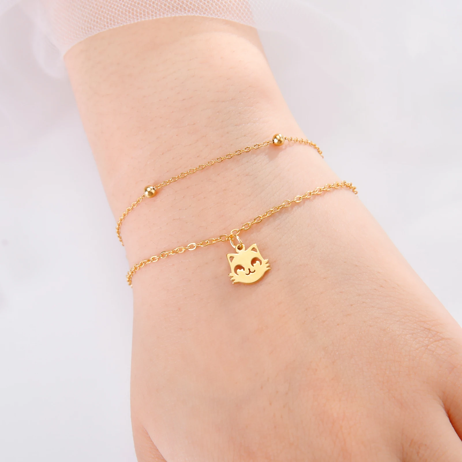 Cazador Cute Cat Kitten Head Bracelet for Women Stainless Steel Animal Double Chain Bracelet on Hand Jewelry Gift Wholesale 2025