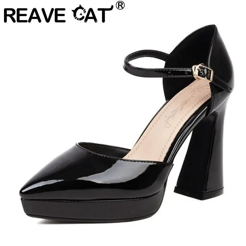 

REAVE CAT Женские туфли-лодочки с острым носком на блочном каблуке с пряжкой на щиколотке и ремешком для мелкой вечеринки, большой размер 33–46, красный, черный, сексуальный весенний S3650