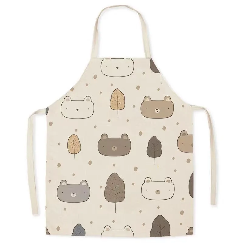 Korean version of cute cartoon bear pattern linen sleeveless apron kitchen cooking baking bib adult home cleaning apron