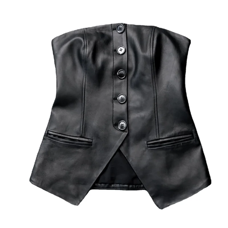 European American Sexy Tube Top Women Customer Color Genuine Leather Slim Fitness Collarless Jacket Femme Chic Streetwear Corset