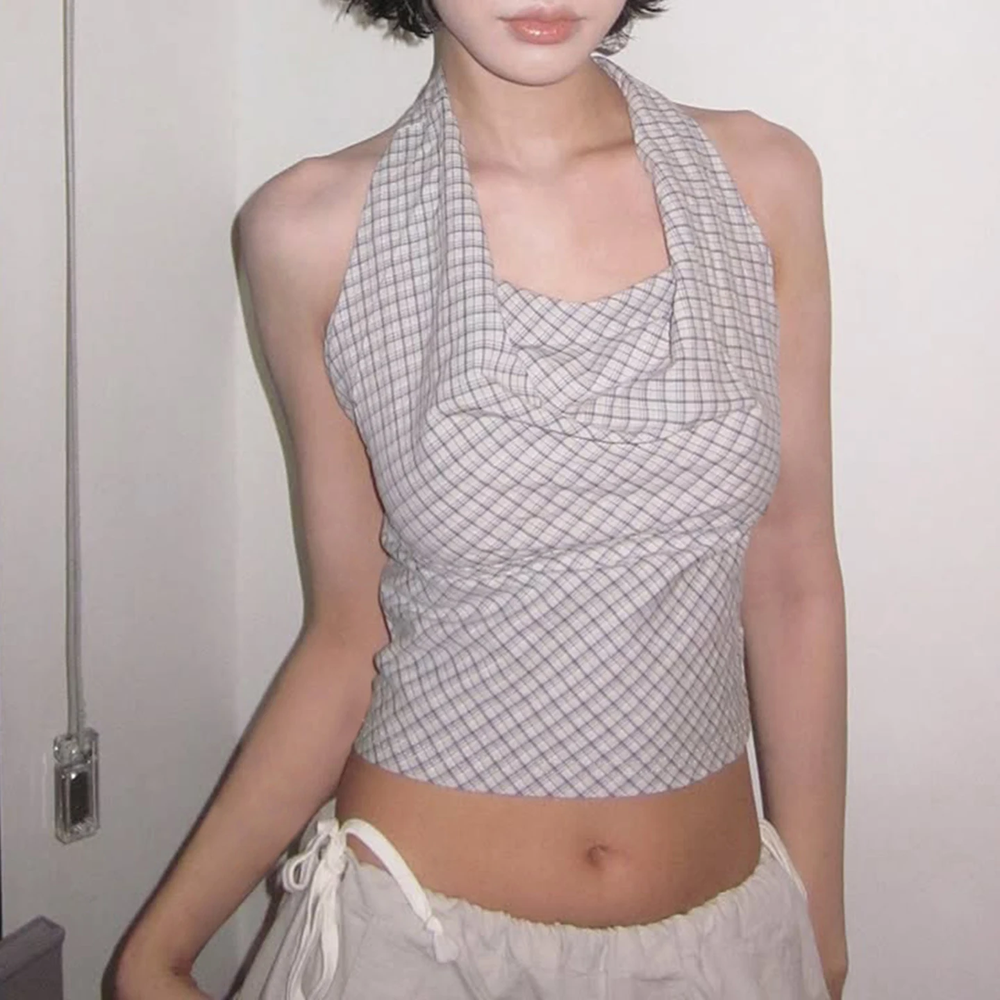 

CIBBAR Summer Retro Plaid Print Halter Tank Top y2k Aesthetic Sleeveless Lace-up Backless Cropped Tops Women Vintage 2000s Vest