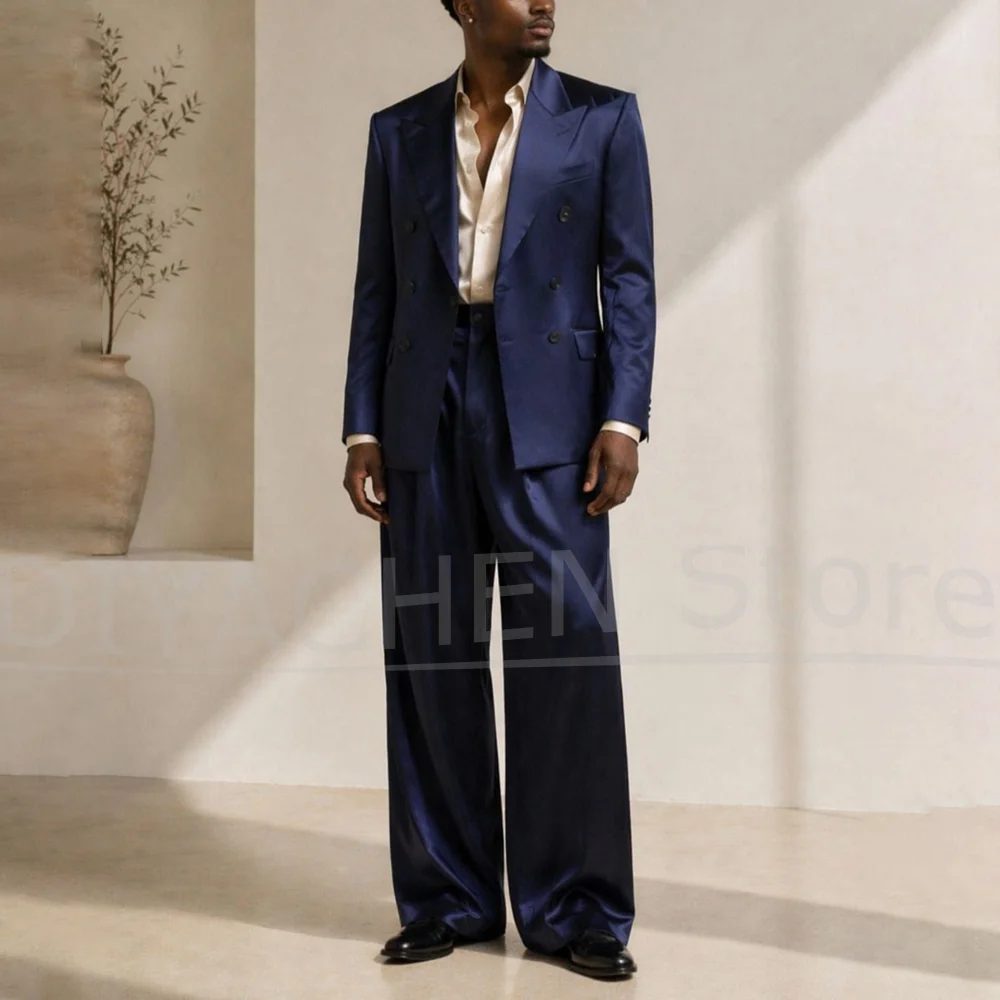 

Men Navy Blue Satin Suit Two Piece Peak Lapel Double Breasted Tuxedo Custom Wedding Groom Evening Party Blazer And Trousers