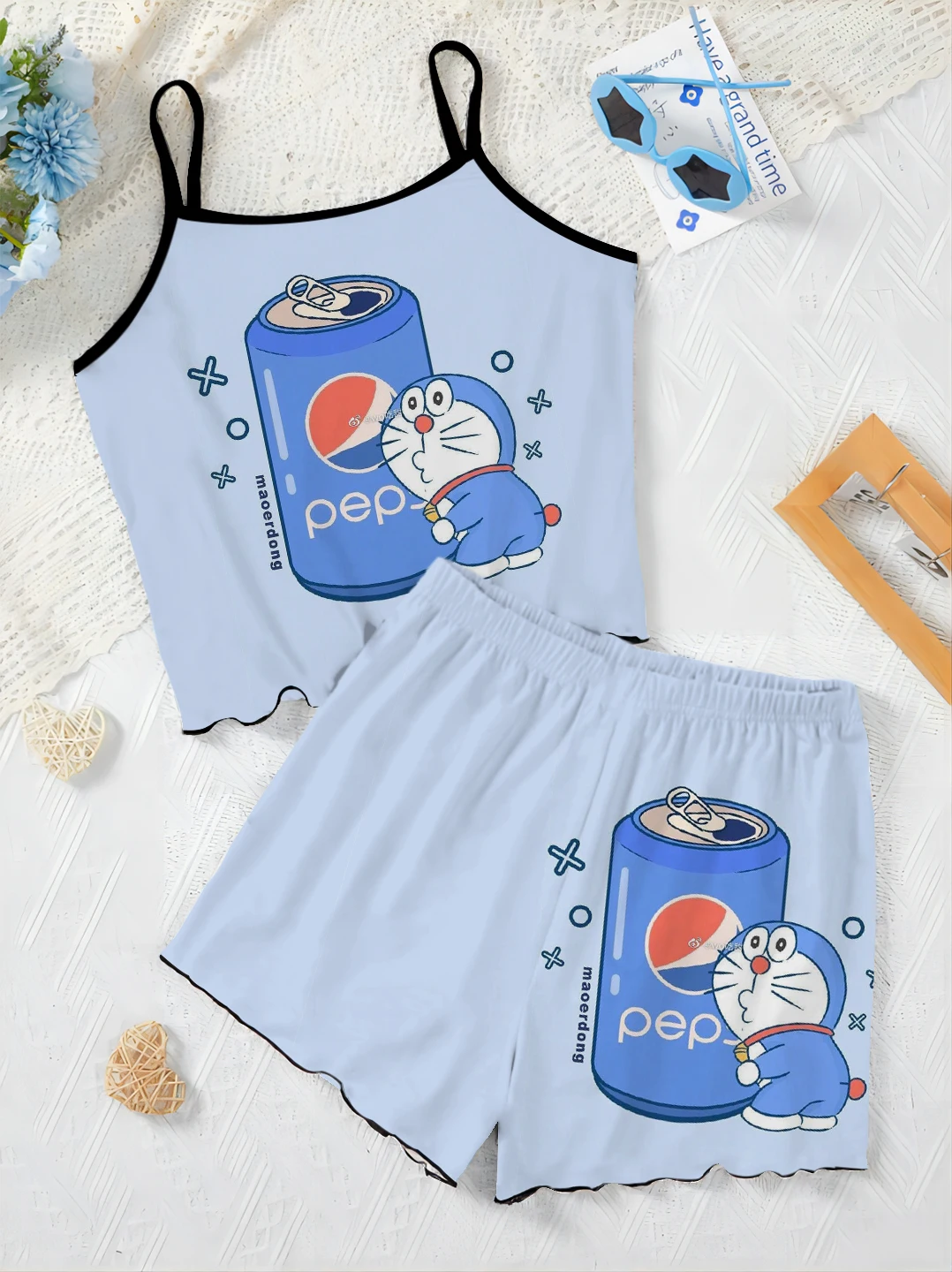 Short Sets for Women 2 Pieces Lettuce Trim Pajama Skirt T-shirt Doraemon Home Dress Women's Suit Top Vacation Outfits Woman 2024