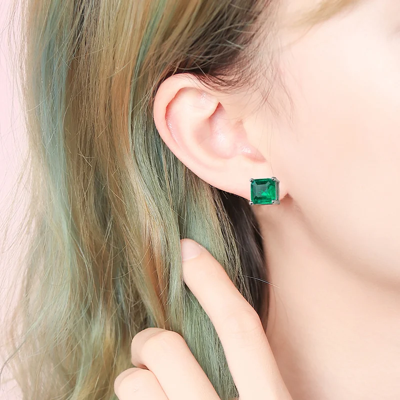 CSJ 100% 10K Gold Lab Grown Emerald Stud Earring Hydrothermal Created Emerald Sparking Jewelry for Women Party Wedding Gift - view 5
