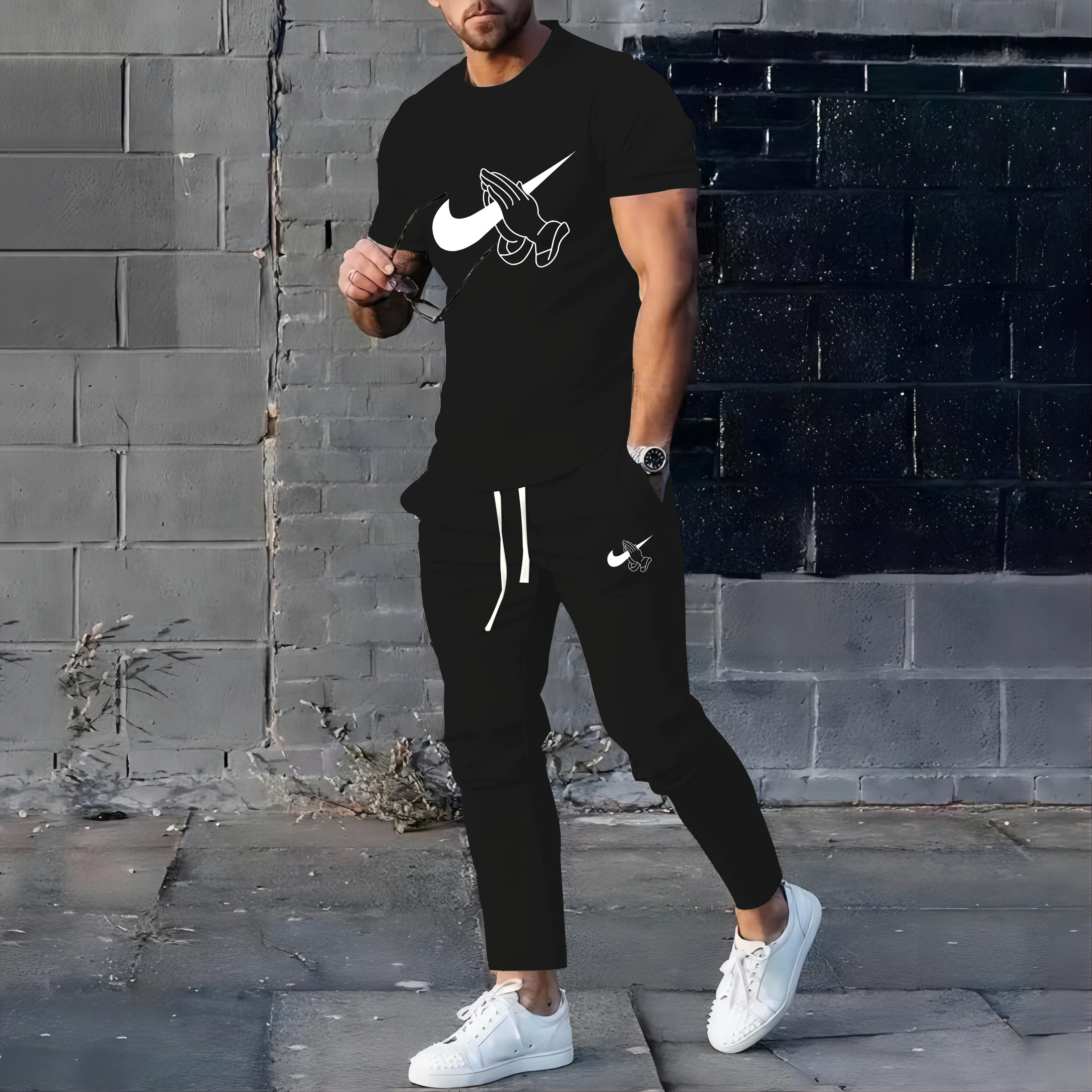 New high-quality 3D round neck short sleeved T-shirt long pants street wear  sports men\'s clothing two-piece set for summer 2024