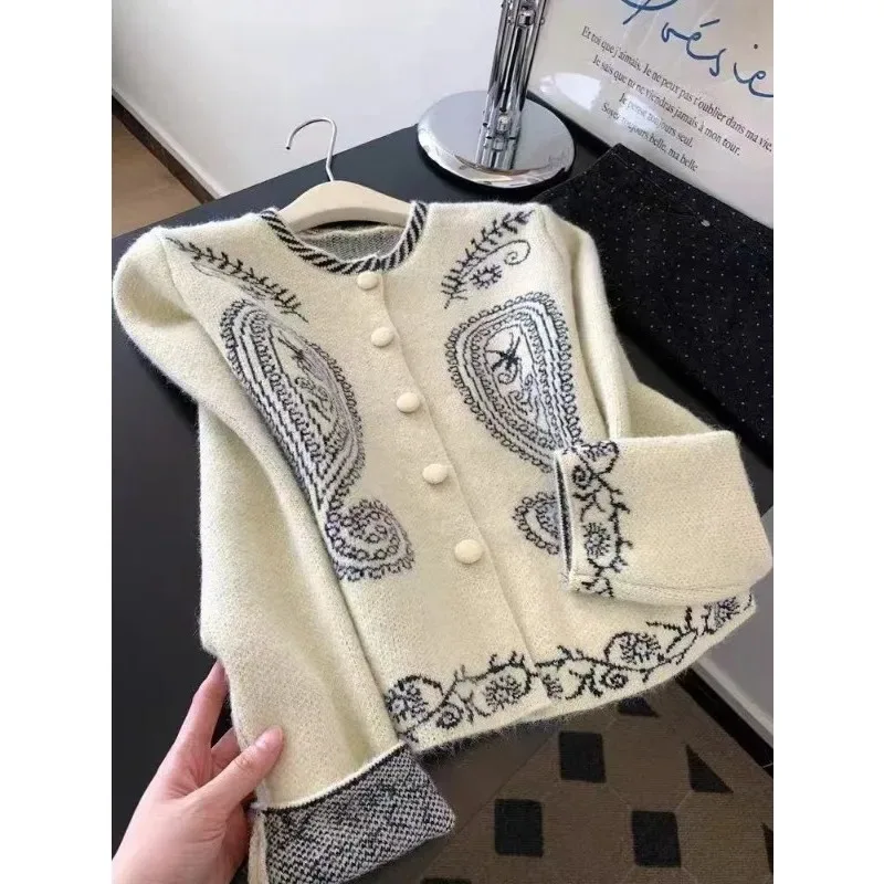 

Women's Clothing Vintage Chinese Style Striped Jacquard Knitted Cardigan Autumn Winter New Chic Button Slim O-neck Sweaters