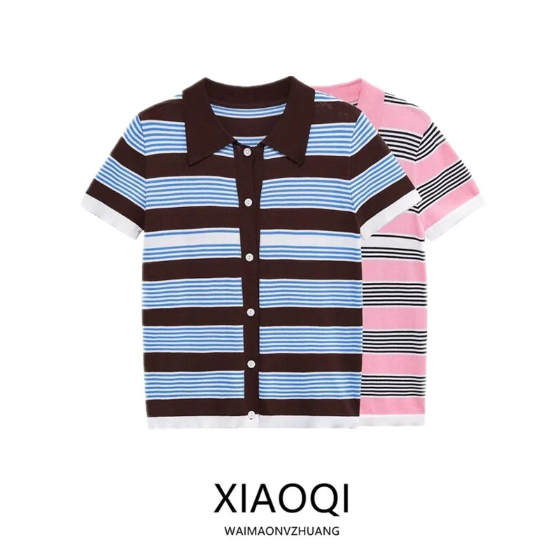 Summer New Women's Knitted Short Sleeve  Shirt Striped Upper Body Regular Fit Classic Style Commute Fashion Moisture Wicking