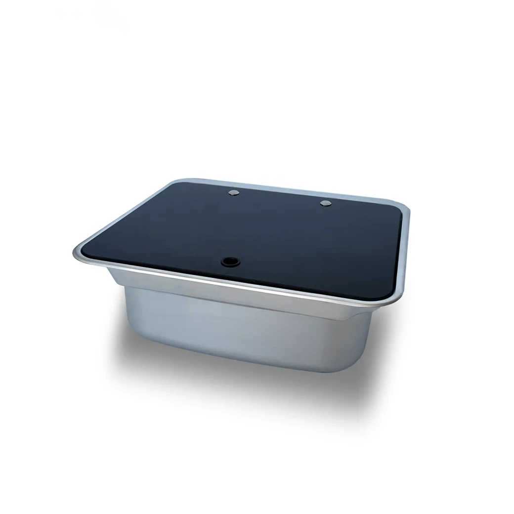 RV Camper Van Boat Kitchen Sink Single Hand Wash Basin 304 Stainless Steel with Tempered Glass Lid