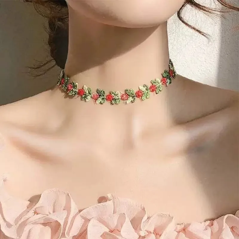 

Peach Pink Lace Embroidered Floral Necklace Women's Fashionable Choker Necklace Forest-Inspired Necklace