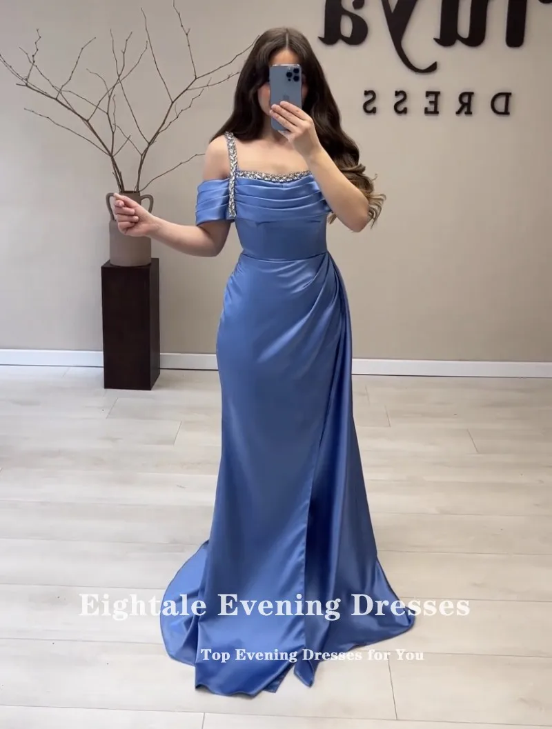 Eightale Dark Green Evening Dress for Wedding Party Beaded Satin Long Sleeves A-Line Arabic Mermaid Plus Size Formal Prom Gowns